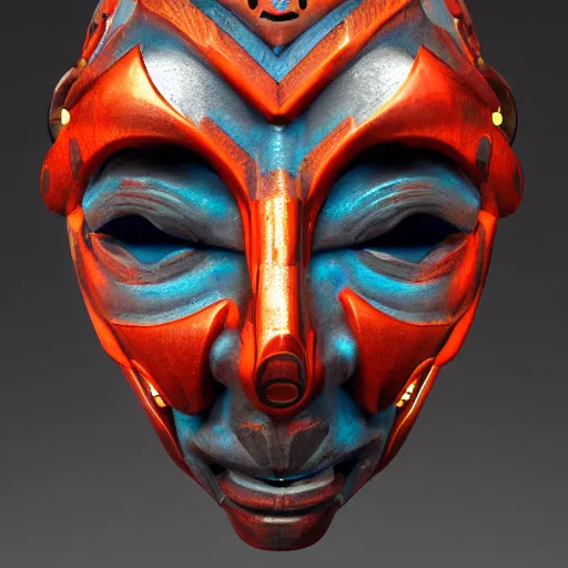 Image similar to a cyberpunk tribal mask, japanese pottery, vivid colors, wood, metal, intricate details, trending on cgsociety, glowing eyes, one per image, sharp focus, ultra realistic details, cinematic atmosphere, global illumination, shadows, octane render, 8 k