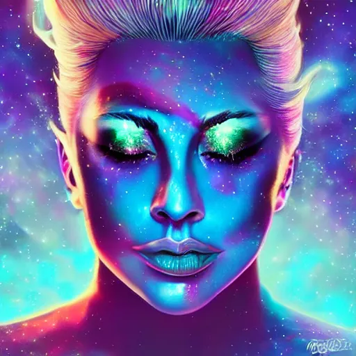 Image similar to lady gaga, lady gaga, lady gaga, galaxies and nebula flowing out of his body, artgerm, psychedelic floral planets, trending on artstation