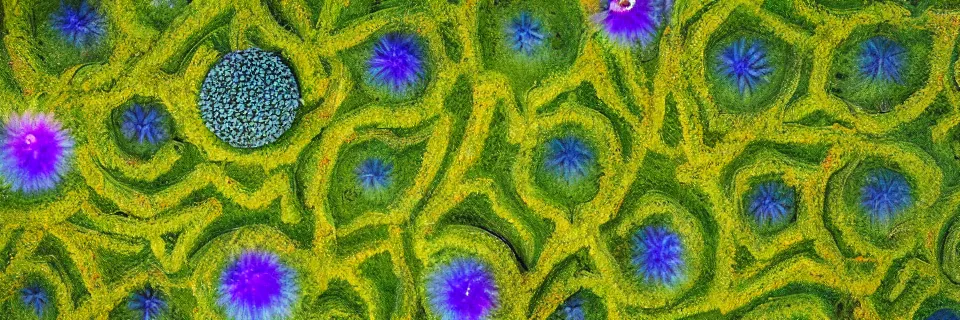 Prompt: Solarpunk synthetic plants blooming, close-up from above, colourful, 8k, stunning masterpiece, award winning, world press photo, futuristic, intense atmosphere by photographer Will Ellis