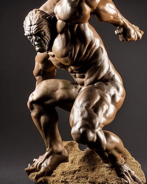 Prompt: a full figure rubber sculpture of crouching Orc, by Michelangelo, in the style of Frank Frazetta, dramatic lighting, rough texture, subsurface scattering, wide angle lens