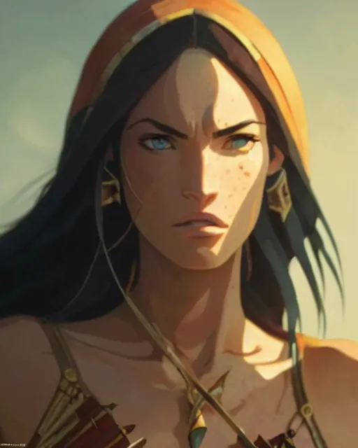 Image similar to azctec warrior, megan fox, high quality, detailed perfect face, exquisite details, fire magic, by studio muti, greg rutkowski makoto shinkai takashi takeuchi studio ghibli