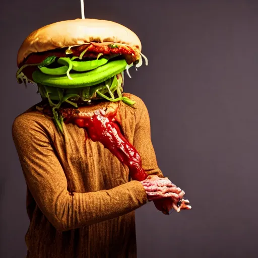 Image similar to a humanoid bipedal upright zombie that strongly resembles a hamburger, professional food photography