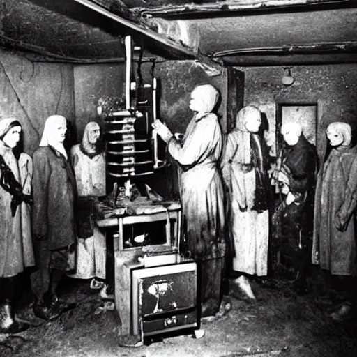 Prompt: a photograph of insane cultists in a basement feeding a computer shrine to the machine wire god with their blood and tears