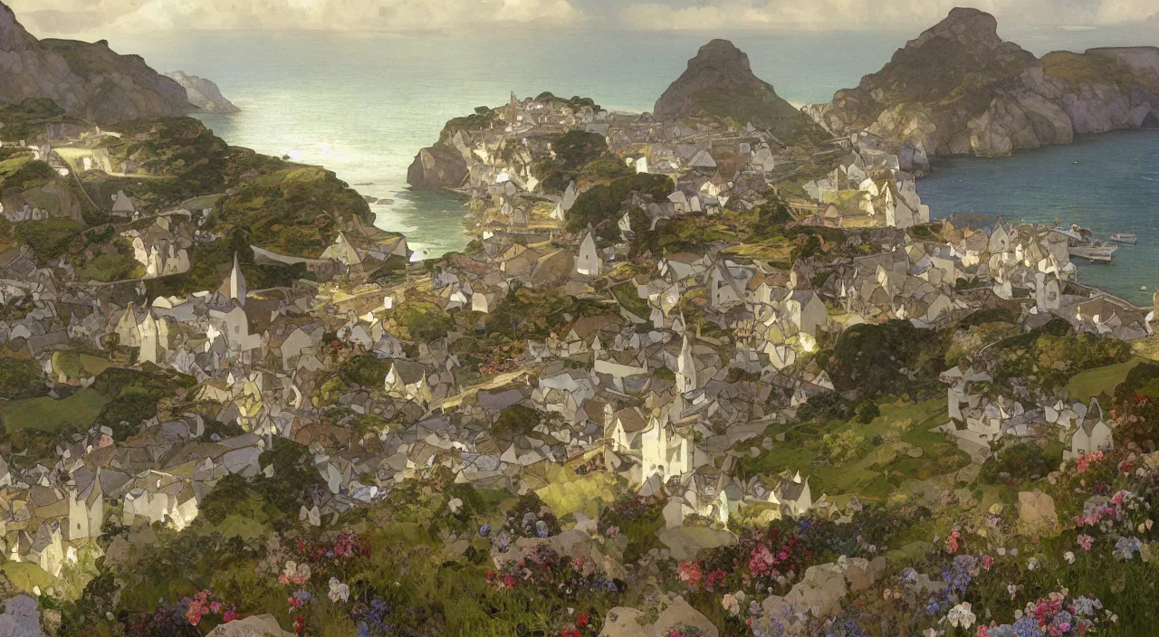 Prompt: A beautiful landscape painting of a small cornish village by the sea and cliffs by Alfons Maria Mucha and Julie Dillon and Makoto Shinkai