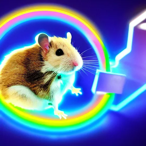 Image similar to cyberpunk hamster! holding rainbow! gem! crystal, neon lights, light reflection, 8 k, hd