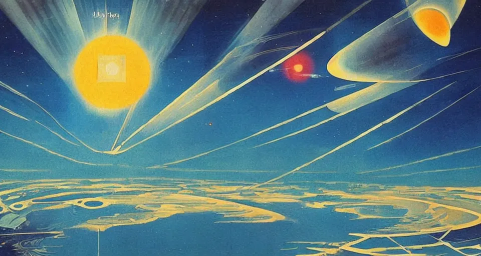 Image similar to solar sail, floating in space between the sun and earth, art deco painting