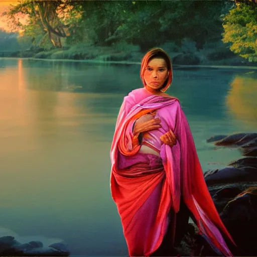 Image similar to Photo of the most beautiful woman, she is posing, she is walking on a river, she is getting ulluminated by the rays of the sunset, the photo was taking by Steve McCurry, matte painting, oil painting, naturalism, 4k, 8k