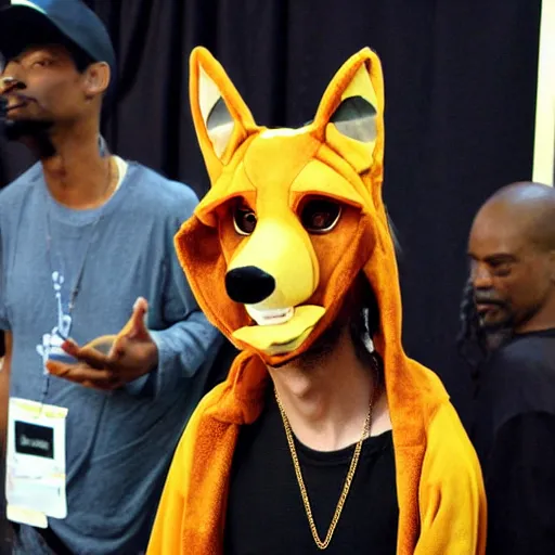 Prompt: snoop dog wearing a fox fursuit without the mask at a furry convention, indoor convention vendors