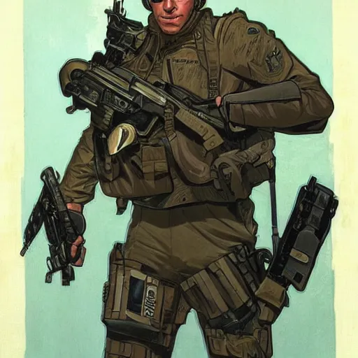 Prompt: Hector. Handsome USN special forces recon operator in near future gear, cybernetic enhancment, on patrol in the Australian neutral zone, 22 years after the Helvetica Event. 2087. Concept art by James Gurney and Alphonso Mucha