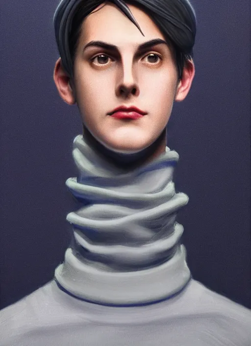 Image similar to portrait of teenage jughead jones wearing a light grey crown, crown, blue turtleneck, 1 9 5 0 s, closed eyes, photorealistic, black hair, glowing lighting, intricate, elegant, glowing lights, highly detailed, digital painting, artstation, concept art, smooth, sharp focus, illustration, art by wlop, mars ravelo and greg rutkowski