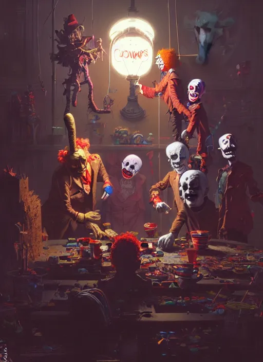 Image similar to masterpiece concept art, neon scary clowns, by greg rutkowski and geof darrow, 8 k, intricate detail, cinematic lighting