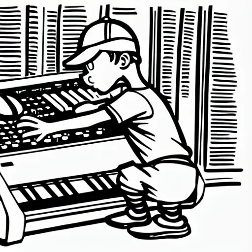 Prompt: cartoon line drawing illustration, in fine detail, of a kid, wearing a backwards baseball cap, playing a Korg MS-20 synthesizer, in the style of The Beano, pen and ink, black and white, long shot, white background, graffiti marker, graffiti character, 90s cartoon
