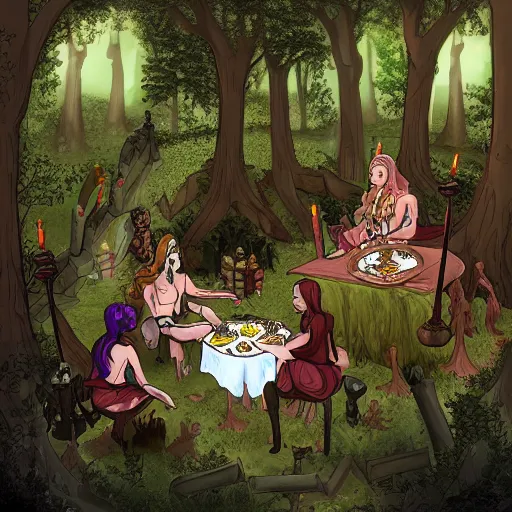 Prompt: the necromancer having a tea party with the paladin in a forest