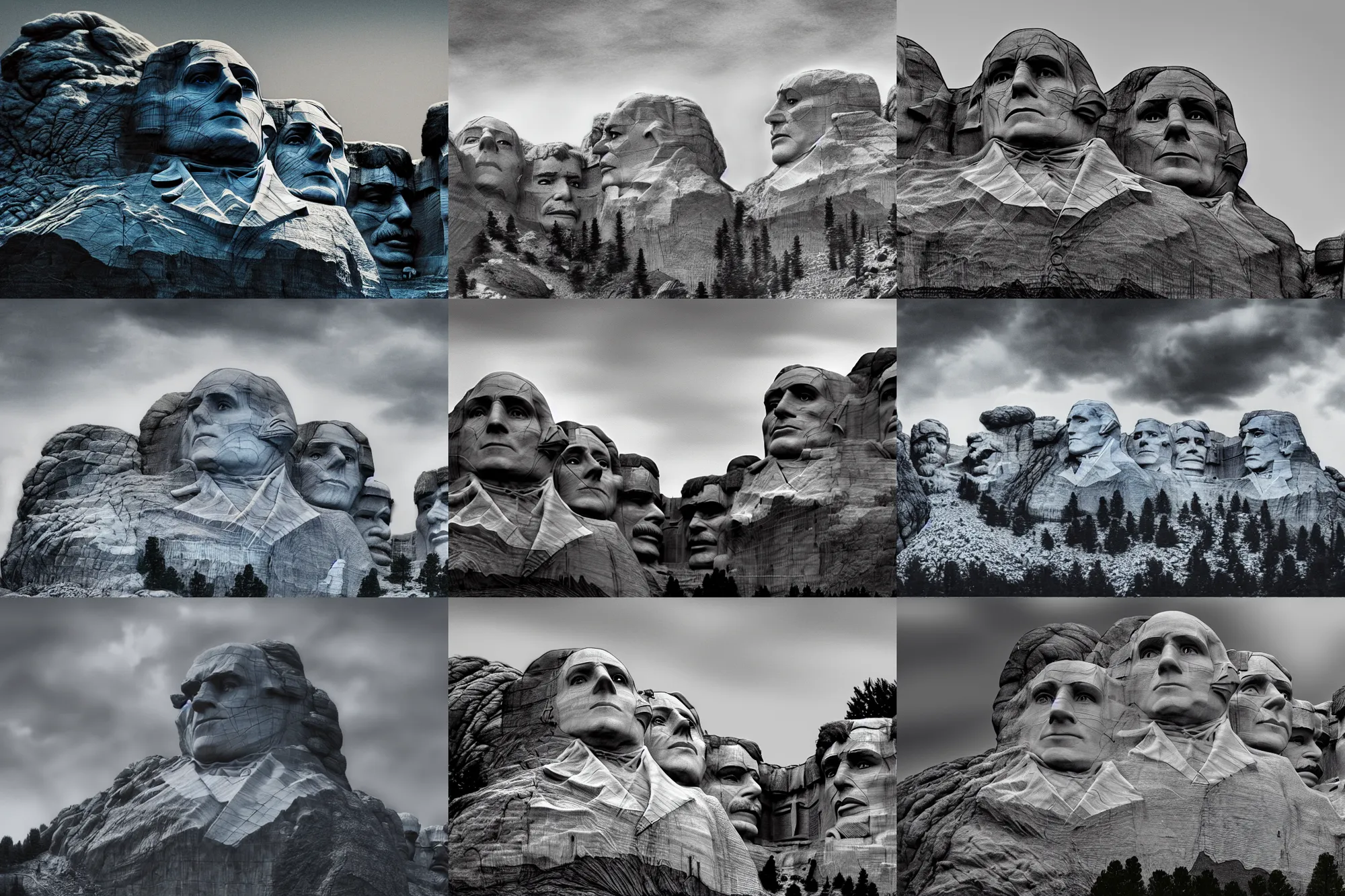 Prompt: wide angle view, godzilla destroys mount rushmore monument, photorealistic, concept art, digital art, insane details, daylight, tele photo lens, 8 k