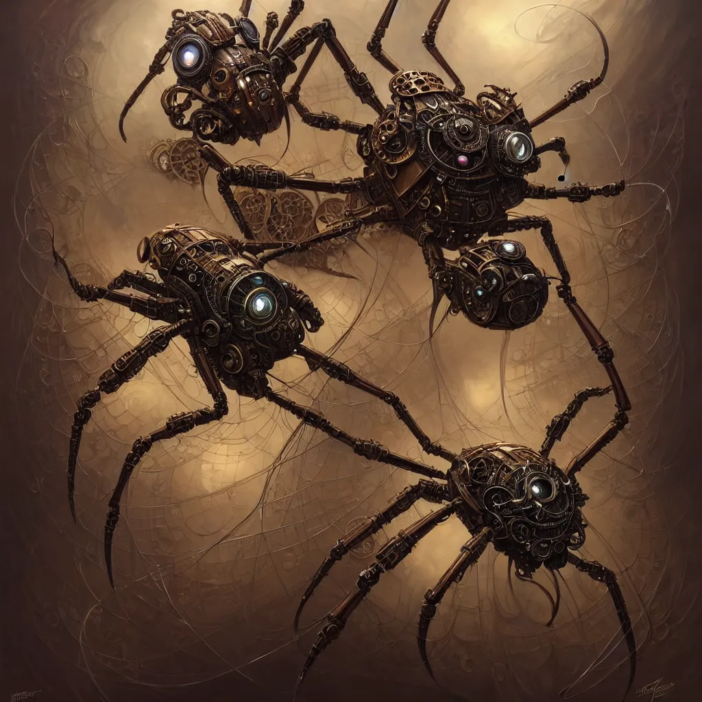 Prompt: portrait shot of a steampunk robot spider, intricate, elegant, highly detailed, centered, digital painting, artstation, concept art, smooth, sharp focus, illustration, artgerm, tomasz alen kopera, peter mohrbacher, donato giancola, joseph christian leyendecker, wlop, boris vallejo