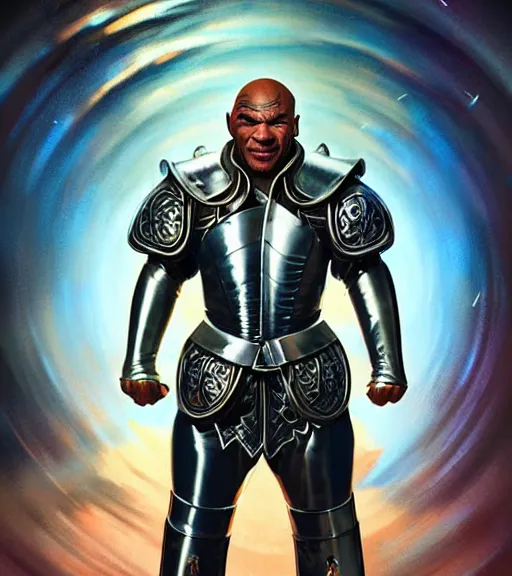 Image similar to a high fantasy mike tyson wearing silver plate armor, 1 9 7 9 omni magazine cover, style by vincent di fate, dnd art, artgerm, very coherent, detailed, 4 k resolution, dark, unreal engine, daz