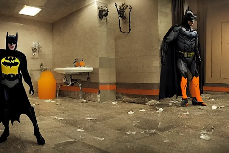 Prompt: michael keaton as batman offering lots of orange juice, dirty disgusting brown bathroom with cracked tiles and mold, atmospheric eerie lighting, dim lighting, bodycam footage, motion blur, blurry photography
