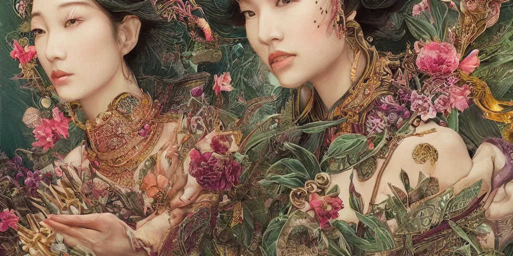 Image similar to breathtaking detailed concept art painting blend of queen sirikrit by hsiao - ron cheng with anxious piercing eyes, vintage illustration pattern with bizarre compositions blend of flowers and fruits and birds by beto val and john james audubon, exquisite detail, extremely moody lighting, 8 k