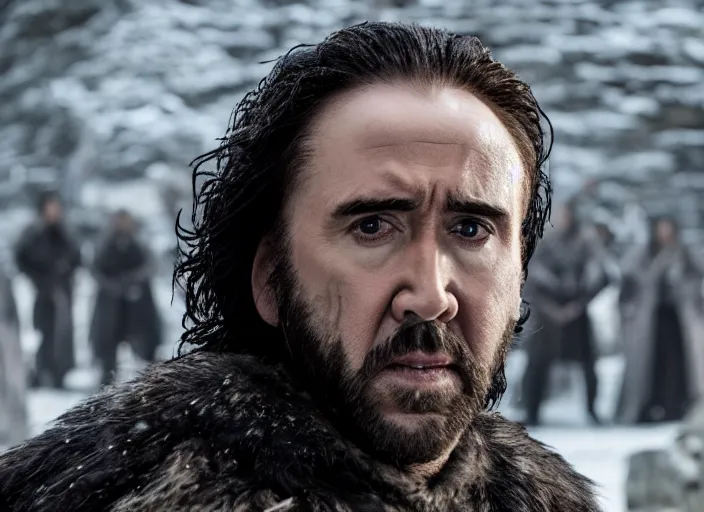 Prompt: nicolas cage in game of thrones as jon snow movie still, cinematic lighting, ray tracing, octane render, long lens, shallow depth of field, bokeh, anamorphic lens flare, 8 k, hyper detailed, 3 5 mm film grain