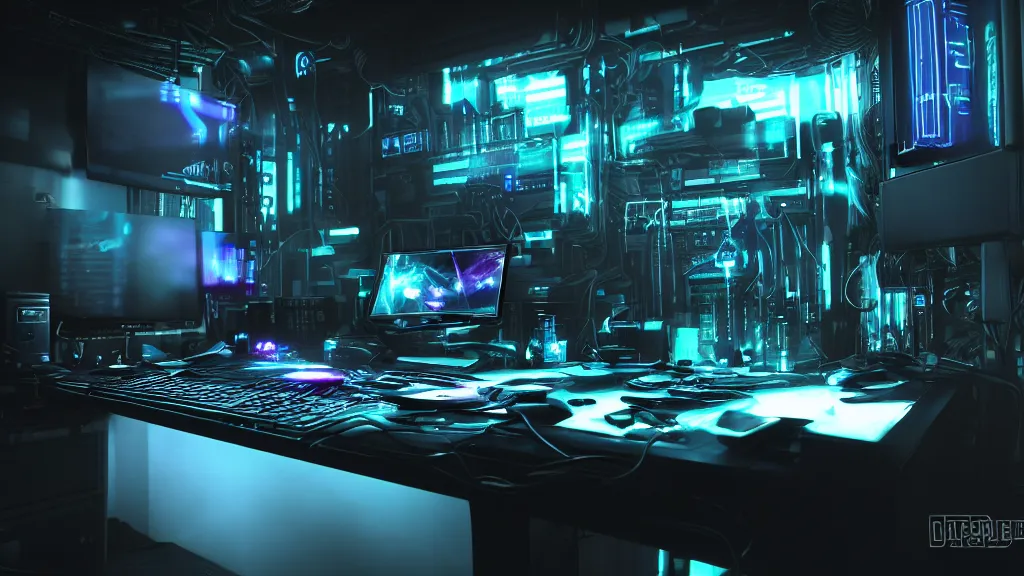 Image similar to a cyberpunk overpowered computer. Overclocking, watercooling, custom computer, cyber, mat black metal, alienware, futuristic design, desktop computer, desk, home office, whole room, minimalist, Beautiful dramatic dark moody tones and lighting, Ultra realistic details, cinematic atmosphere, studio lighting, shadows, dark background, dimmed lights, industrial architecture, Octane render, realistic 3D, photorealistic rendering, 8K, 4K, computer setup, highly detailed