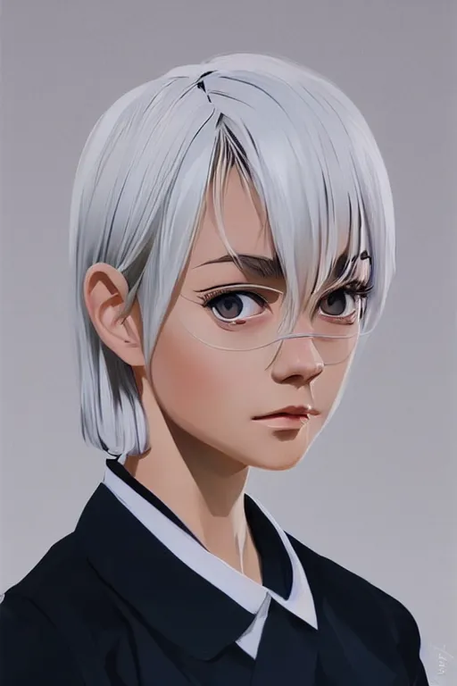 Image similar to a cute girl with cut to shoulder white hair wearing school uniform, strong brush stroke, sharp focus, illustration, morandi color scheme, art station, by ilya kuvshinov