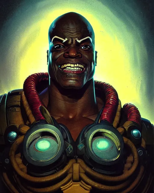 Image similar to doomfist from overwatch, sinister smile, elegant, character portrait, portrait, close up, concept art, intricate details, highly detailed, vintage sci - fi poster, retro future, in the style of chris foss, rodger dean, moebius, michael whelan, and gustave dore