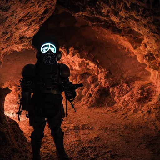 Prompt: a heavily armored man wearing a gasmask, holding a glowstick, wandering through a dark cave, by Phil Tippett