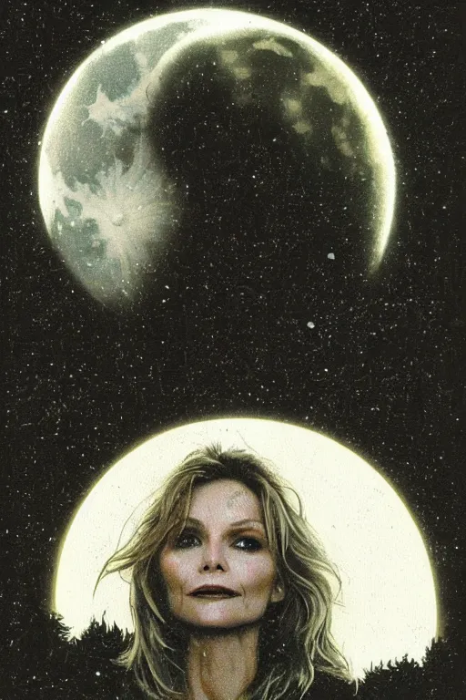 Image similar to michelle pfeiffer 1 9 8 0 s vhs tape cover, “ unico indizio la luna piena ”, atmospheric, realism, hand drawn, horror, grimy, in the woods, highly detailed, high octane render, hd, spooky moon and fog, in the style of enzo sciotti