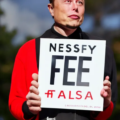 Image similar to Elon Musk holding a sign saying Free Teslas, highly detailed, high quality, HD, 4k, 8k, Canon 300mm, professional photographer, 40mp, lifelike, top-rated, award winning, realistic, sharp, no blur, edited, corrected, trending