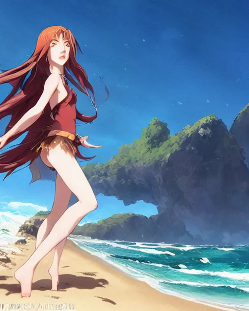 Image similar to an attractive young female elf with long flowing auburn hair, standing on the beach on the ground front facing, looking at camera, blue water, anime. By Makoto Shinkai, Stanley Artgerm Lau, WLOP, Rossdraws, James Jean, Andrei Riabovitchev, Marc Simonetti, krenz cushart, Sakimichan, trending on ArtStation, digital art.