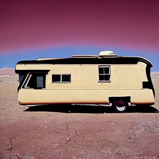 Prompt: Walter White in the New Mexico desert, RV, by Salvador Dali