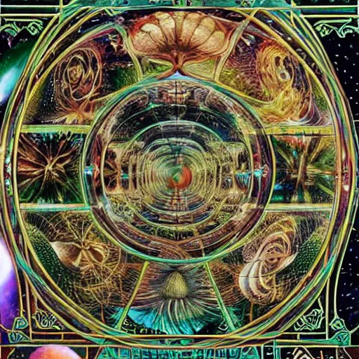 Prompt: artificial intelligence witch fibonacci spells, a crowd of time travellers sacred geometry energy portals sgamans, light human abductions, ernst haeckel, solarpunk landscape, lucasfilm, jacques fresco, future by design