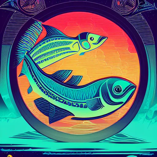 Image similar to profile of one stylized fish in center of view, dark ocean, complex patterns, artstation, intricate, realistic, highly detailed, digital painting, concept art, sharp focus, illustration by tom whalen and charles williams and kilian eng and james jean