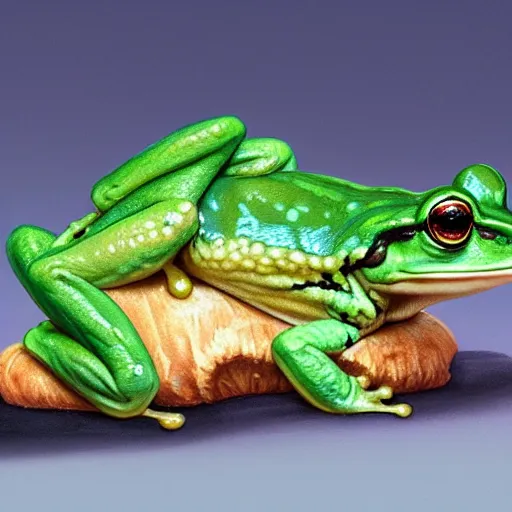 Intricate Hyper-Realistic Frog on Tree Branch with Flowers Royalty