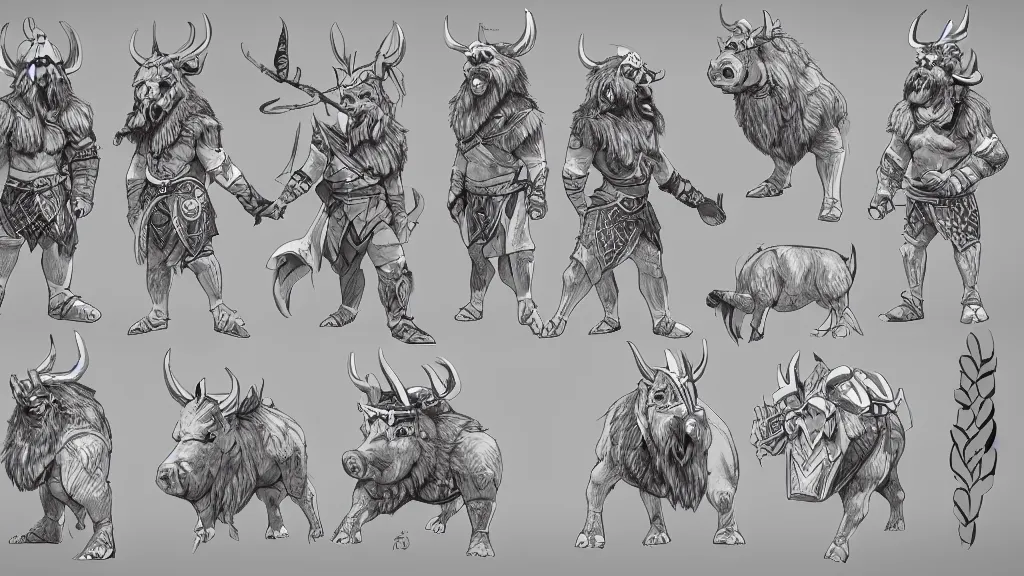 Prompt: a fantasy anthropomorphic viking boar character design sheet, trending on artstation