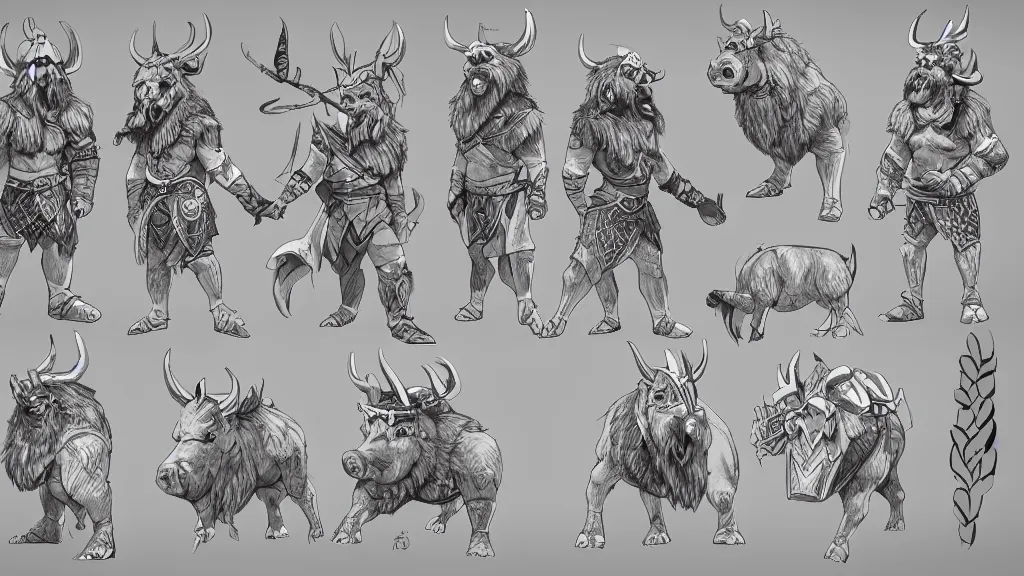 Image similar to a fantasy anthropomorphic viking boar character design sheet, trending on artstation