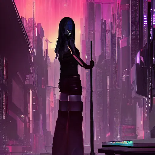 Prompt: a cyberpunk world and a gothic girl