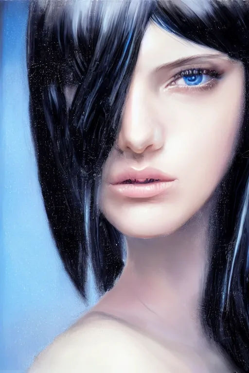 Image similar to portrait of teenage girl with glossy black hair, blue eyes, glowing porcelain skin, fashion model features, dar!dream portrait of teenage girl with glossy black hair, blue eyes, glowing porcelain skin, fashion model features, dark academia, intricate, elegant, highly detailed, digital painting, artstation, concept art, smooth, sharp focus, illustration, art by Krenz Cushart and Artem Demura and alphonse mucha