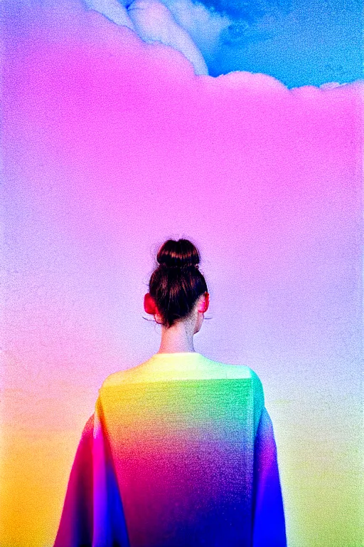 Image similar to high quality pastel coloured film close up wide angle photograph of a model wearing clothing resting on cloud furniture in a icelandic black rock!! environment in a partially haze filled dreamstate world. three point light, rainbow. photographic production. art directed. pastel colours. volumetric clouds. pastel gradient overlay. waves glitch artefacts. extreme facial clarity. 8 k. filmic.