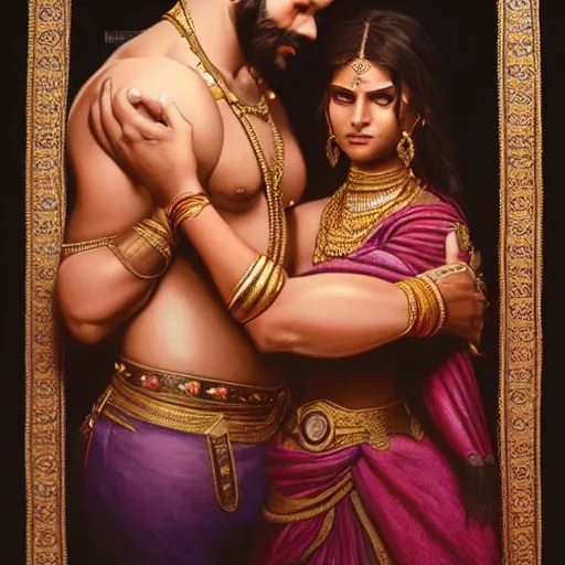 Prompt: portrait painting of dark muscular indian royal couple hugging, ultra realistic, concept art, intricate details, eerie, highly detailed, photorealistic, octane render, 8 k, unreal engine. art by artgerm and greg rutkowski and alphonse mucha