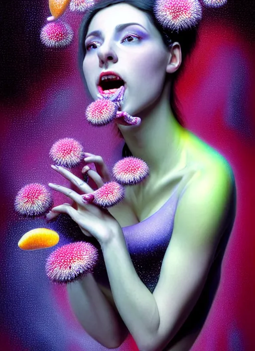 Prompt: hyper detailed 3d render like a chiariscuro Oil painting with focal blur - Aurora (Singer) looking adorable and seen in dynamic pose joyfully Eating of the Strangling network of yellowcake aerochrome and milky Fruit and Her delicate Hands hold of gossamer polyp blossoms bring iridescent fungal flowers whose spores black the foolish stars to her smirking mouth by Jacek Yerka, Mariusz Lewandowski, Houdini algorithmic generative render, Abstract brush strokes, Masterpiece, Edward Hopper and James Gilleard, Zdzislaw Beksinski, Mark Ryden, Wolfgang Lettl, hints of Yayoi Kasuma, octane render, 8k