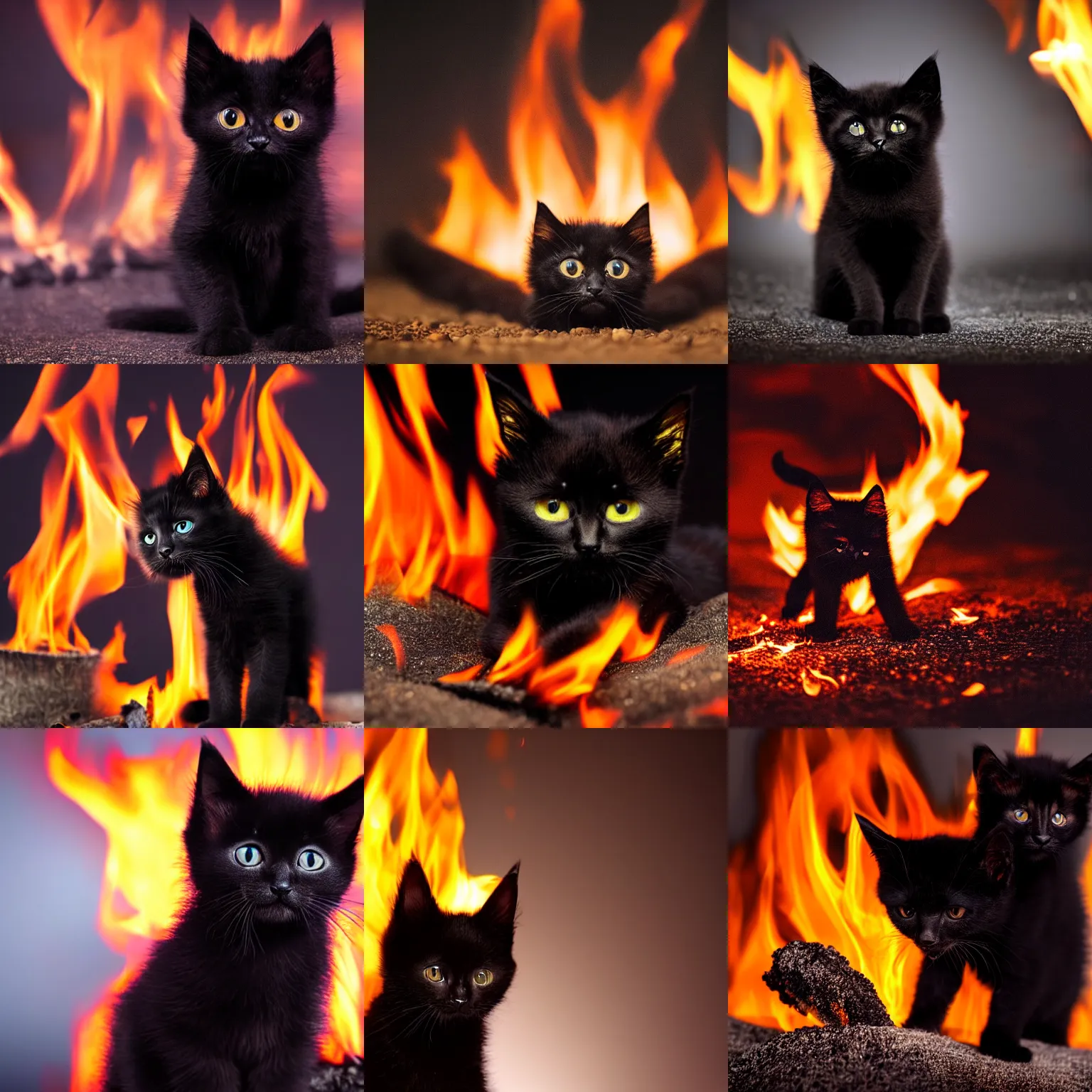 Prompt: extreme long shot of a cute black kitten burning , standing in fire, at night, award winning photo, high detail, atmospheric, 8k