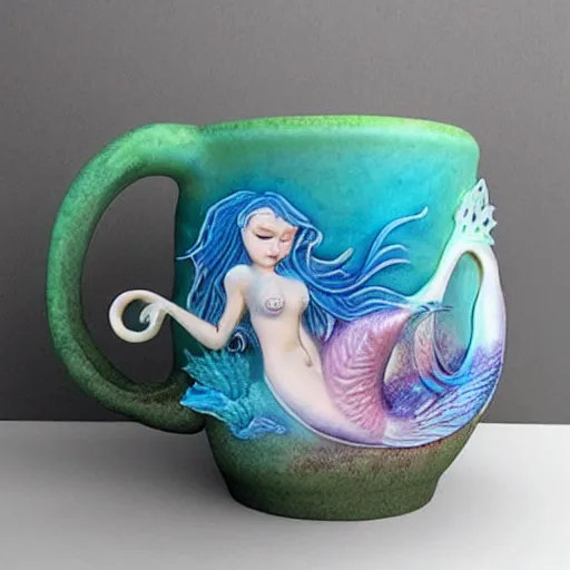 Image similar to an amazing ceramic realistic mermaid sculpture mug, creative, beautiful, award winning design, functional, colorful