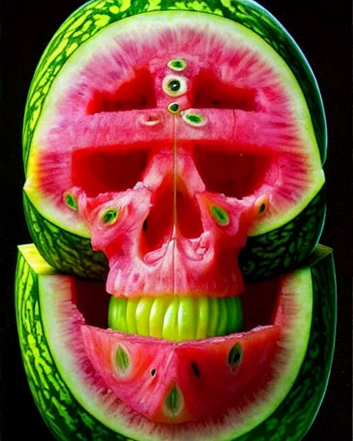 Prompt: interdimensional human watermelon skull being made out of fruits, ethereal still life renaissance painting by giuseppe arcimboldo and alex grey