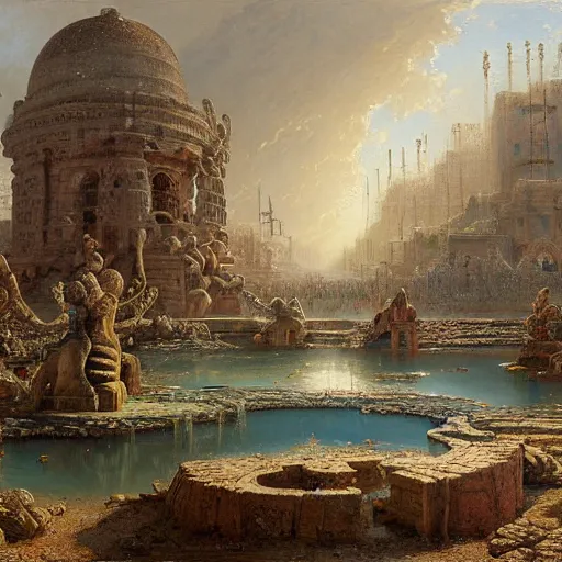 Image similar to detailed painting of a multiverse gateway in ancient mesopotamia in the middle of a sulphur lake, filigree ornaments, andreas achenbach, simon stalenhag