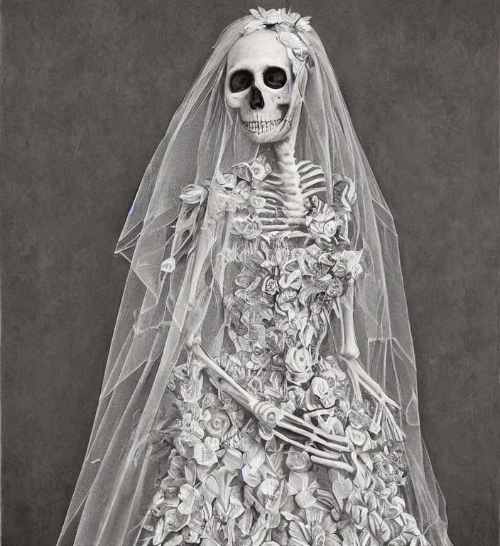 Prompt: portrait of a Bride's skeleton in veil with floral pattern by Laurie Lipton, high detailed, realistic,dark surrealism, hyper detailed, super intricate ornaments