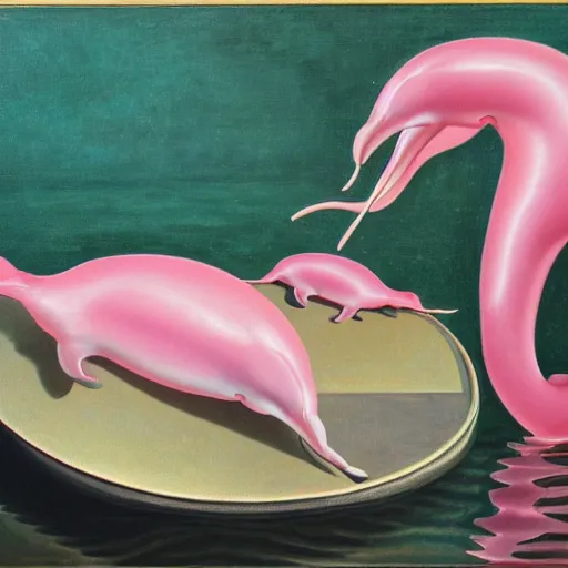 Image similar to a highly detailed oil painting of 2 pink dolphins in a cheese world, 4 k, trending on art station, in the style of dali, boch, matisse caravaggio, comical