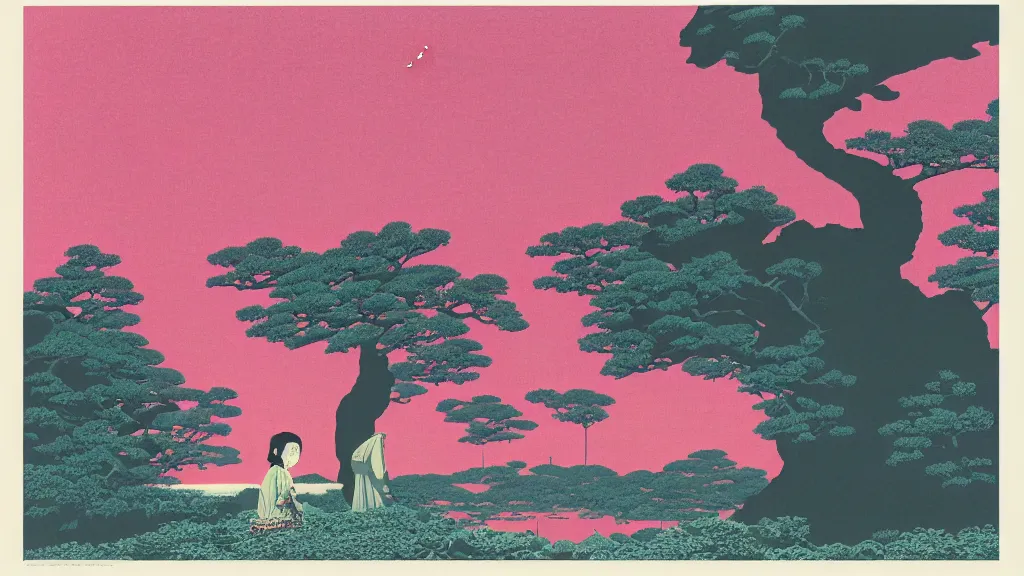 Image similar to A kodak aerochrome photograph of a beautiful girl is standing right before me, we are looking into each others eyes and she says - Hey you have beautiful eyes, this is how you get all the girls!, screen print by Kawase Hasui and dan hillier, 8k unreal engine