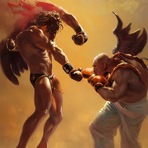 Prompt: a beautiful painting the grim reaper fist - fighting satan in a boxing ring, rendered art, highly detailed painting by gaston bussiere, craig mullins, j. c. leyendecker 8 k, trending on artstation, art, fighting, watercolor