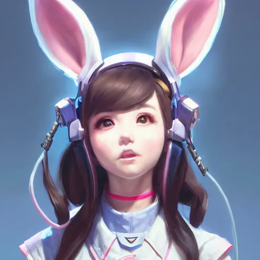 Image similar to Stunning Portrait of Bunny Ears D.VA from Overwatch wearing a police uniform by Kim Jung Gi, holding handcuffs in one hand Blizzard Concept Art Studio Ghibli. oil paint. 4k. by brom, Pixiv cute anime girl wearing police gear by Ross Tran, Greg Rutkowski, Mark Arian, soft render, octane, highly detailed painting, artstation